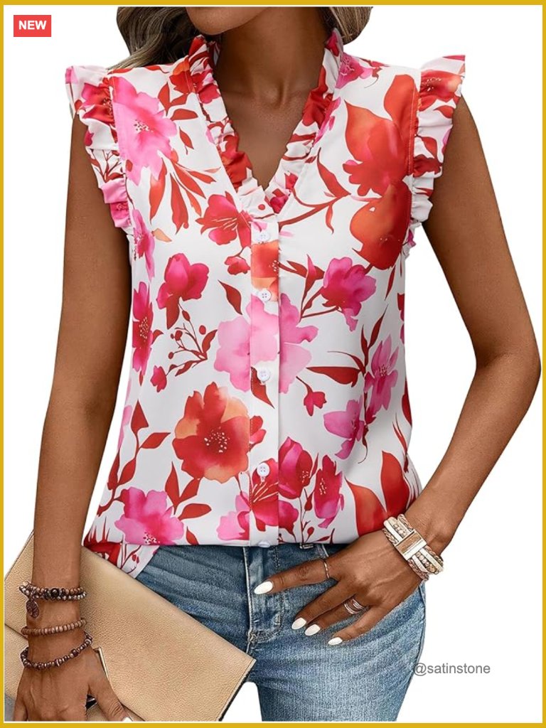 Womens Summer Tank Top Ruffle Cap Sleeve Button Down V Neck Floral Casual